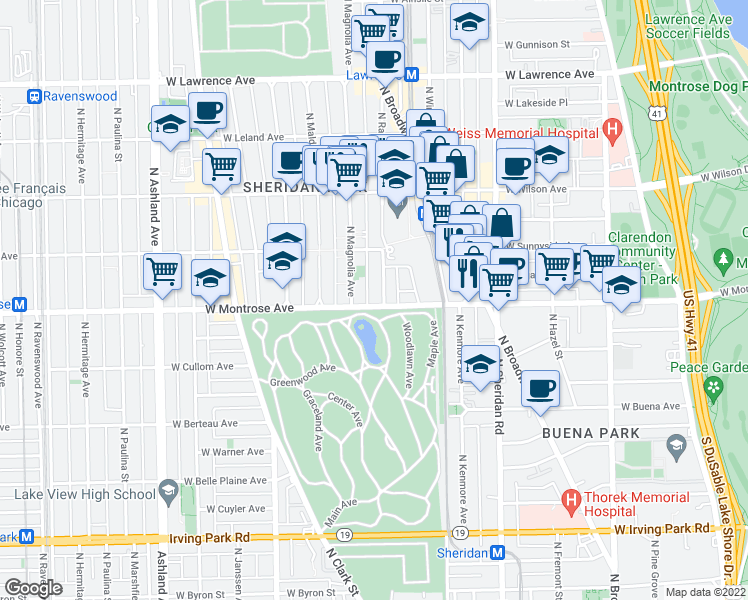 map of restaurants, bars, coffee shops, grocery stores, and more near 4422 North Racine Avenue in Chicago