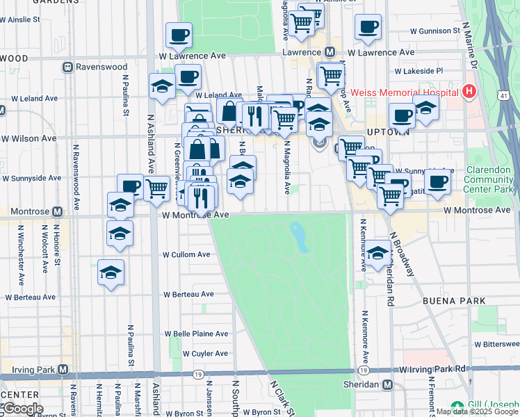 map of restaurants, bars, coffee shops, grocery stores, and more near 4426 North Malden Street in Chicago