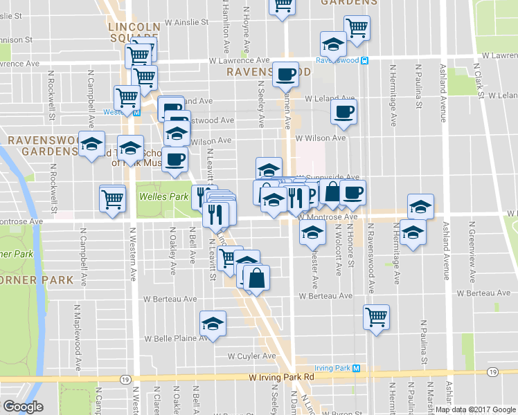 map of restaurants, bars, coffee shops, grocery stores, and more near 4434 North Seeley Avenue in Chicago