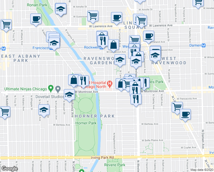 map of restaurants, bars, coffee shops, grocery stores, and more near 4438 North Maplewood Avenue in Chicago