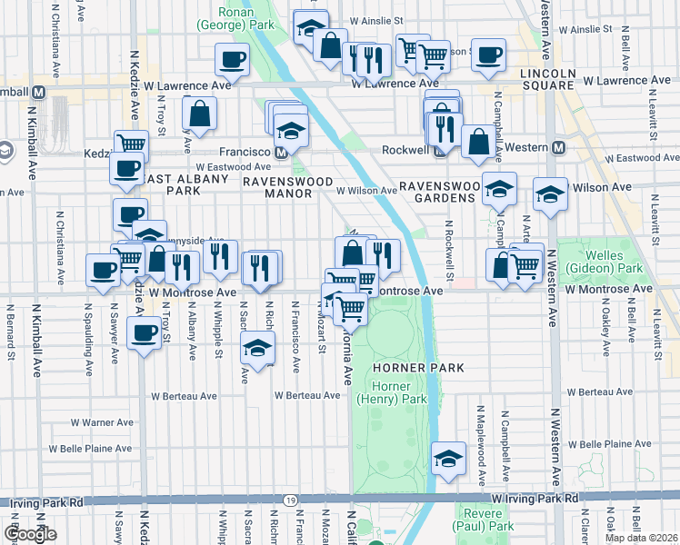 map of restaurants, bars, coffee shops, grocery stores, and more near 4442 North California Avenue in Chicago