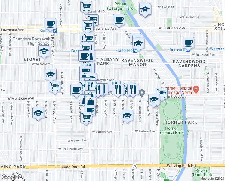map of restaurants, bars, coffee shops, grocery stores, and more near 4442 North Whipple Street in Chicago