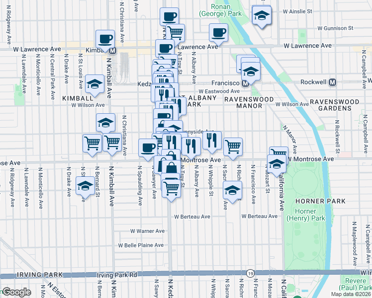 map of restaurants, bars, coffee shops, grocery stores, and more near 4445 North Troy Street in Chicago