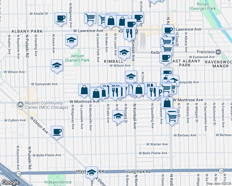 map of restaurants, bars, coffee shops, grocery stores, and more near 4449 North Saint Louis Avenue in Chicago