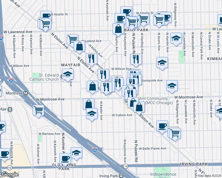 map of restaurants, bars, coffee shops, grocery stores, and more near 4500 North Elston Avenue in Chicago