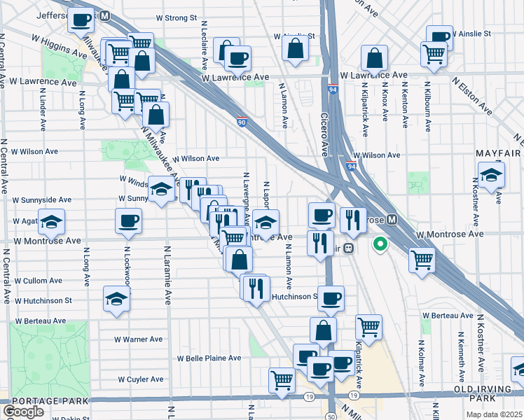 map of restaurants, bars, coffee shops, grocery stores, and more near 4939 West Sunnyside Avenue in Chicago