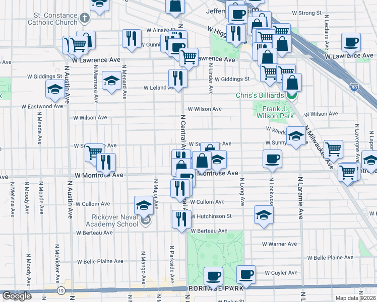 map of restaurants, bars, coffee shops, grocery stores, and more near 5532 West Sunnyside Avenue in Chicago