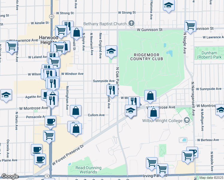 map of restaurants, bars, coffee shops, grocery stores, and more near 4450 North Oak Park Avenue in Harwood Heights