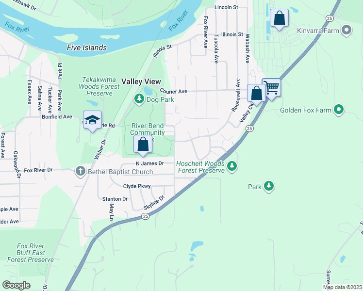 map of restaurants, bars, coffee shops, grocery stores, and more near 34W650 Roosevelt Avenue in St. Charles