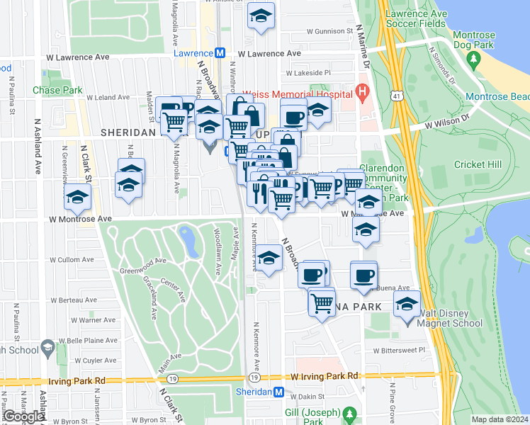 map of restaurants, bars, coffee shops, grocery stores, and more near 4400 North Broadway in Chicago