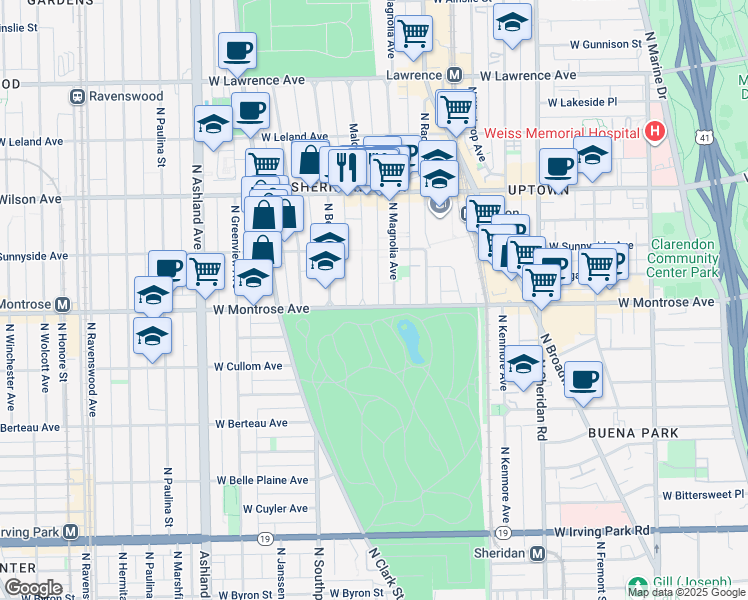 map of restaurants, bars, coffee shops, grocery stores, and more near 4407 Malden Street in Chicago