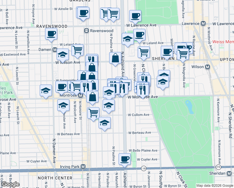 map of restaurants, bars, coffee shops, grocery stores, and more near 4431 North Paulina Street in Chicago