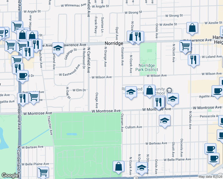 map of restaurants, bars, coffee shops, grocery stores, and more near 4536 Opal Avenue in Norridge