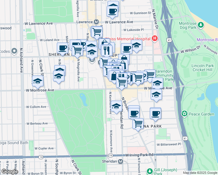 map of restaurants, bars, coffee shops, grocery stores, and more near 1032 West Montrose Avenue in Chicago