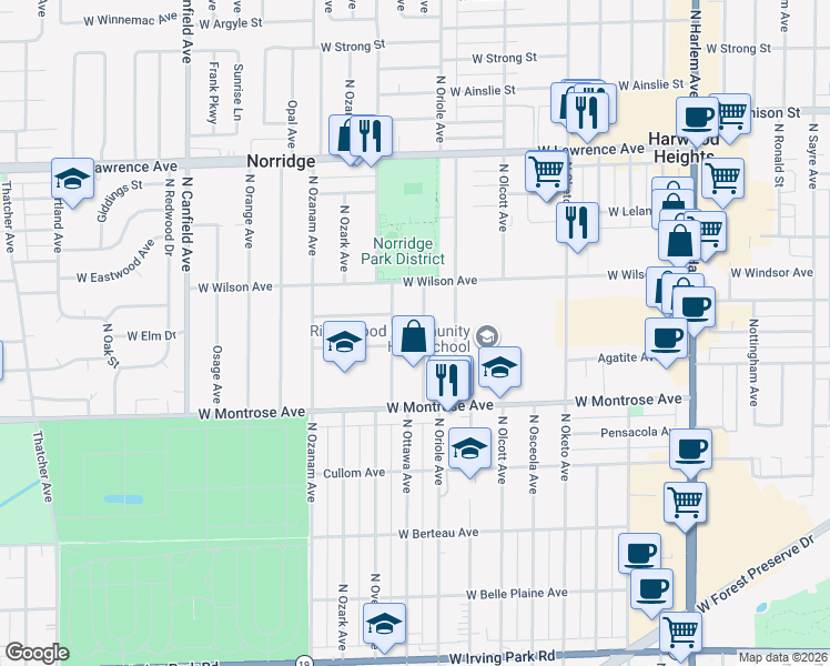map of restaurants, bars, coffee shops, grocery stores, and more near 4508 North Ottawa Avenue in Norridge