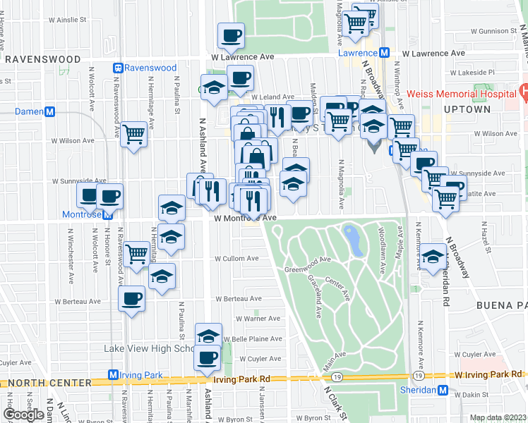 map of restaurants, bars, coffee shops, grocery stores, and more near 4405 North Clark Street in Chicago