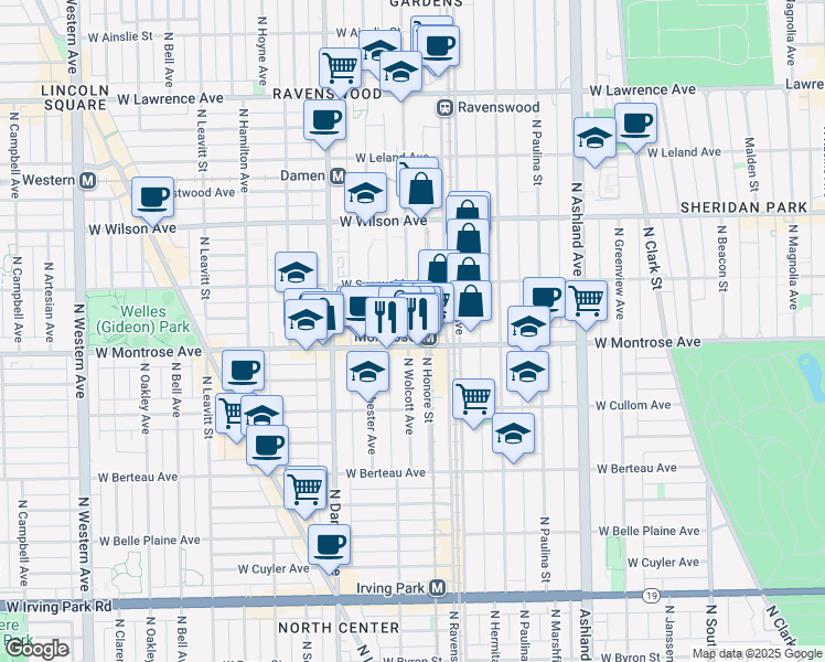 map of restaurants, bars, coffee shops, grocery stores, and more near 4432 North Wolcott Avenue in Chicago