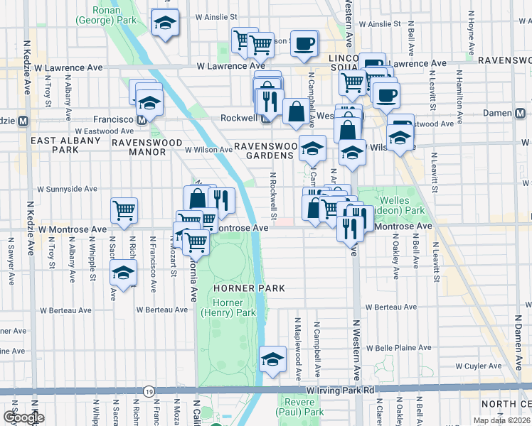 map of restaurants, bars, coffee shops, grocery stores, and more near 2611 West Agatite Avenue in Chicago
