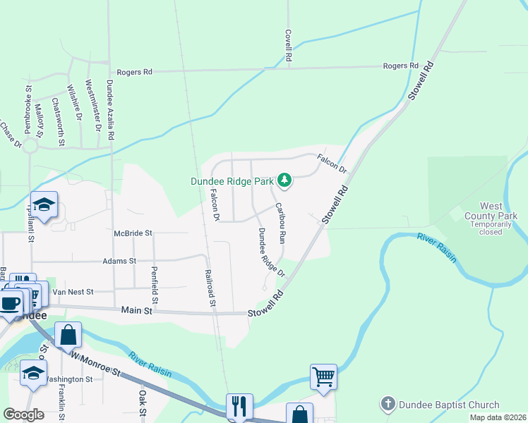map of restaurants, bars, coffee shops, grocery stores, and more near 293 Dundee Ridge Drive in Dundee