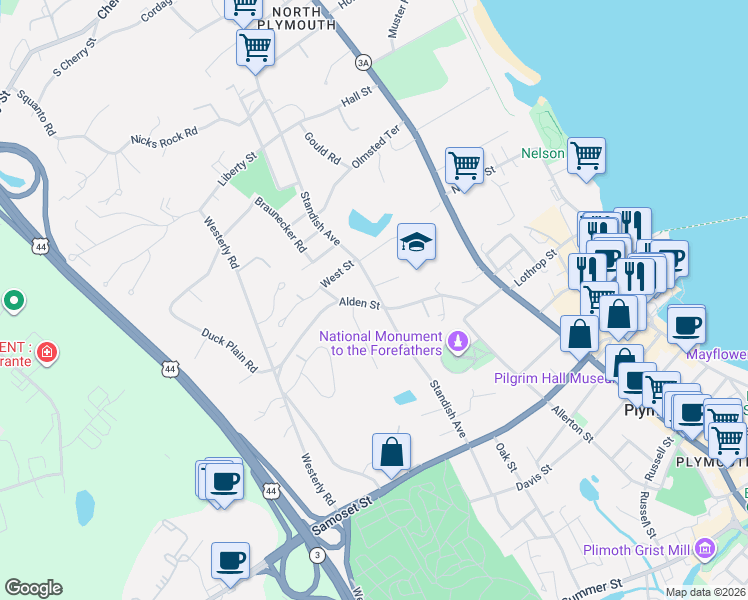 map of restaurants, bars, coffee shops, grocery stores, and more near 49 1/2 Alden Street in Plymouth