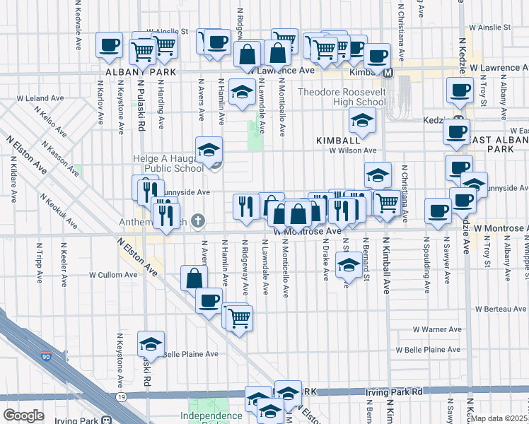 map of restaurants, bars, coffee shops, grocery stores, and more near N Lawndale Ave & W Agatite Ave in Chicago