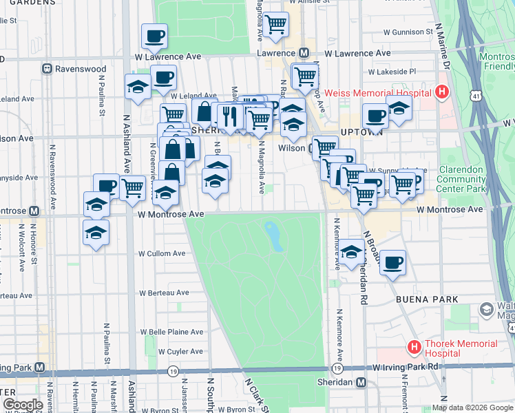 map of restaurants, bars, coffee shops, grocery stores, and more near 4424 North Magnolia Avenue in Chicago
