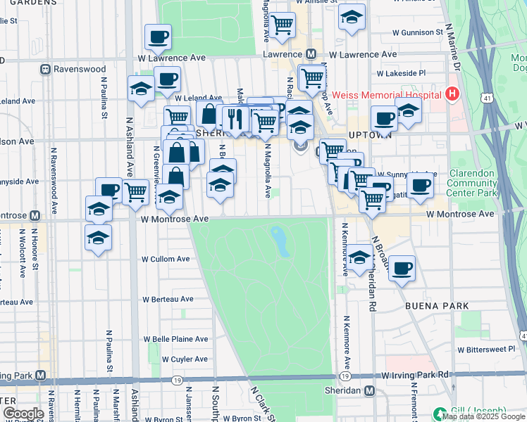 map of restaurants, bars, coffee shops, grocery stores, and more near 4424 North Magnolia Avenue in Chicago