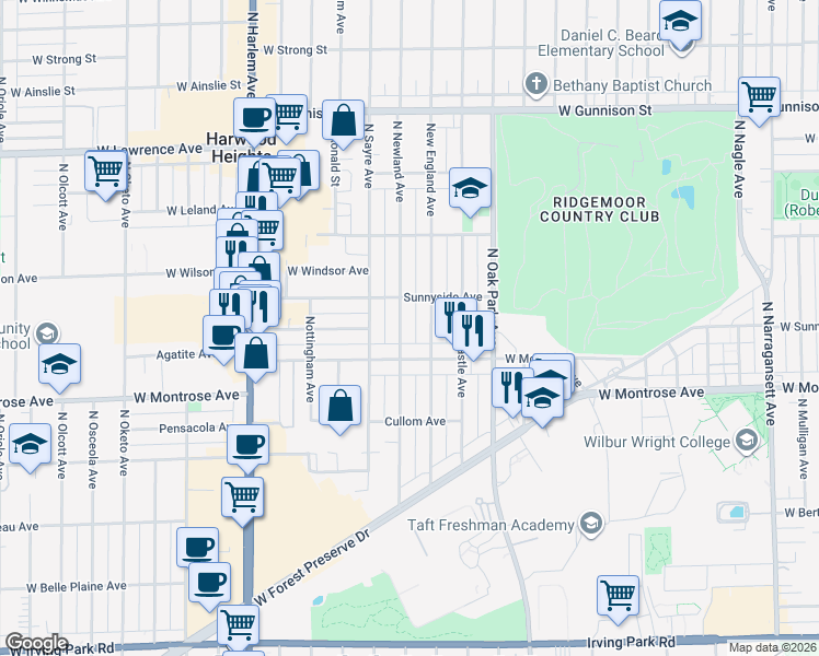 map of restaurants, bars, coffee shops, grocery stores, and more near 4449 North Newland Avenue in Harwood Heights