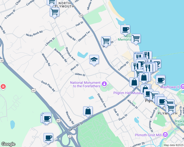 map of restaurants, bars, coffee shops, grocery stores, and more near 29 1/2 Alden Street in Plymouth