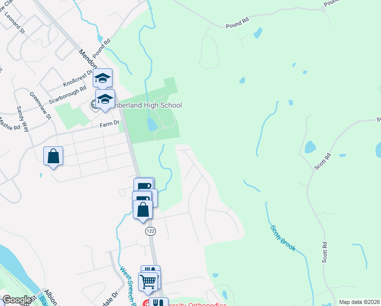 map of restaurants, bars, coffee shops, grocery stores, and more near 50 Heritage Drive in Cumberland