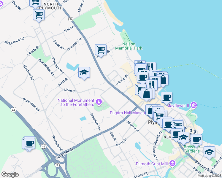 map of restaurants, bars, coffee shops, grocery stores, and more near in Plymouth