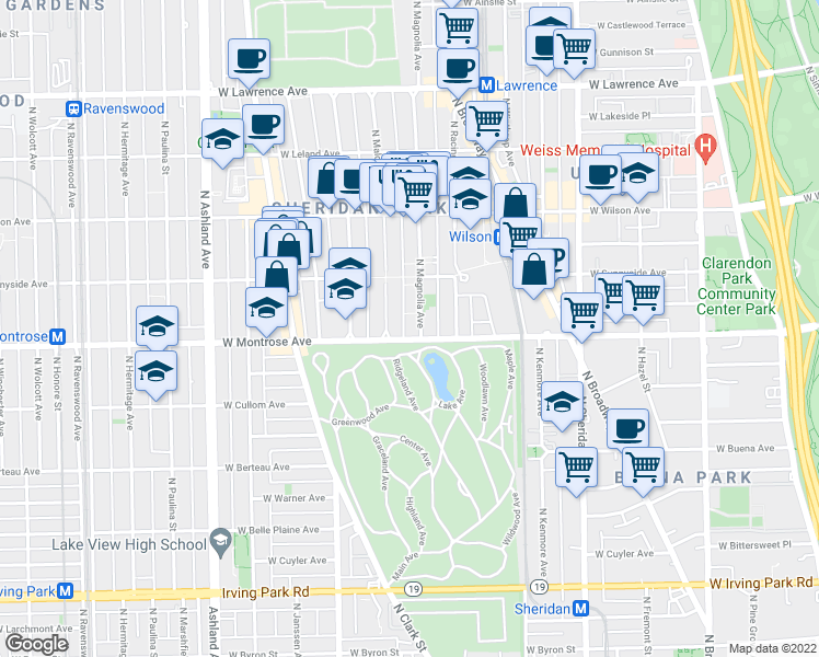 map of restaurants, bars, coffee shops, grocery stores, and more near 4424 North Magnolia Avenue in Chicago