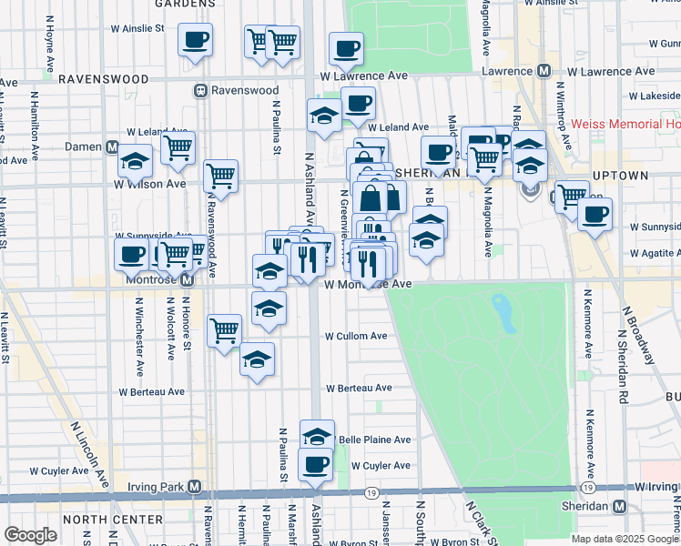 map of restaurants, bars, coffee shops, grocery stores, and more near 4423 North Greenview Avenue in Chicago