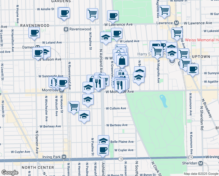 map of restaurants, bars, coffee shops, grocery stores, and more near 4423 North Greenview Avenue in Chicago