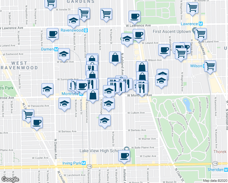 map of restaurants, bars, coffee shops, grocery stores, and more near 4431 North Paulina Street in Chicago