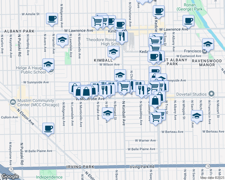 map of restaurants, bars, coffee shops, grocery stores, and more near 4445 North Bernard Street in Chicago