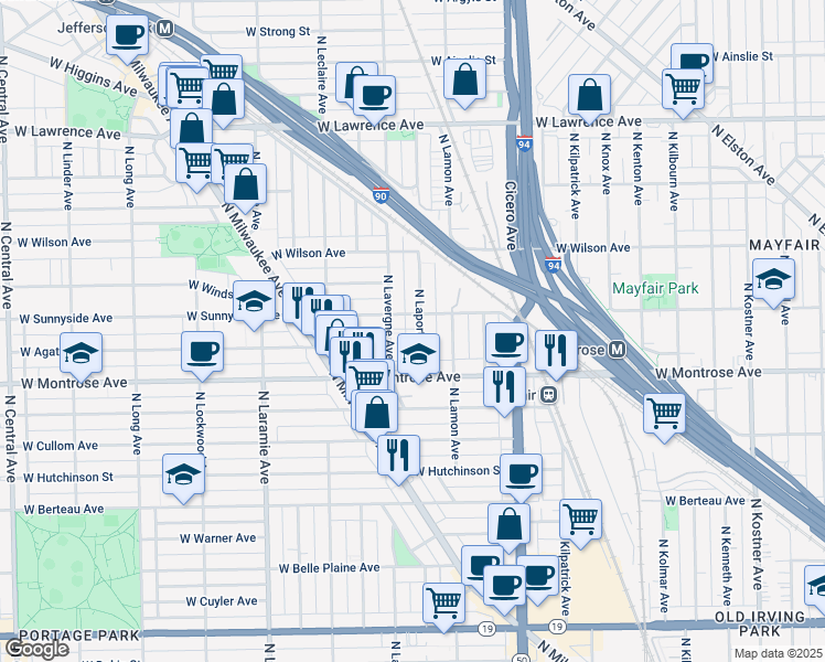 map of restaurants, bars, coffee shops, grocery stores, and more near 4939 West Sunnyside Avenue in Chicago
