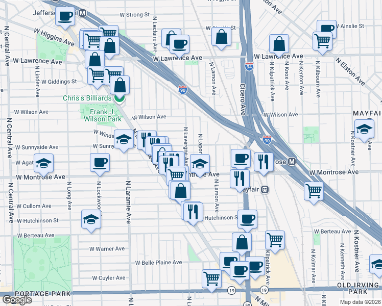 map of restaurants, bars, coffee shops, grocery stores, and more near 4939 West Sunnyside Avenue in Chicago