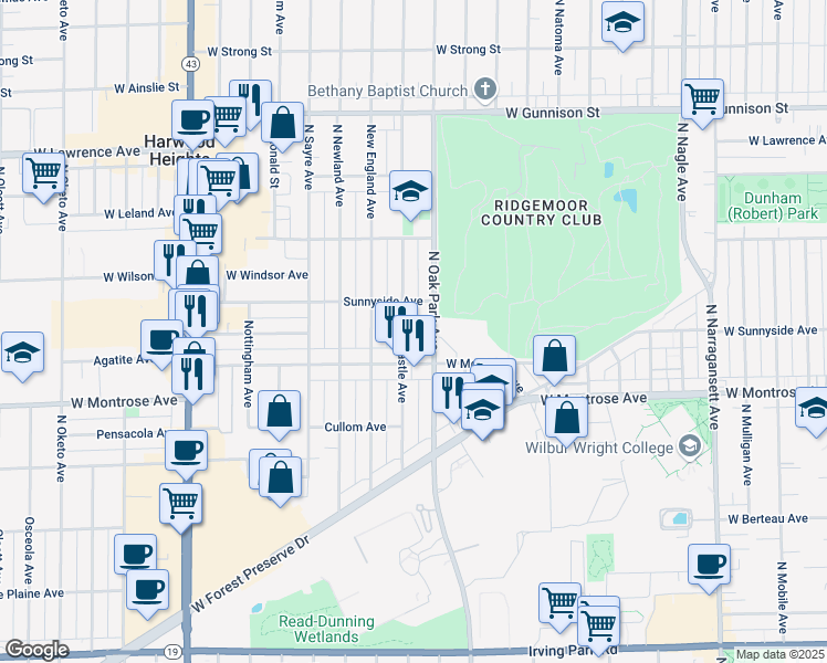 map of restaurants, bars, coffee shops, grocery stores, and more near 4450 North Oak Park Avenue in Harwood Heights