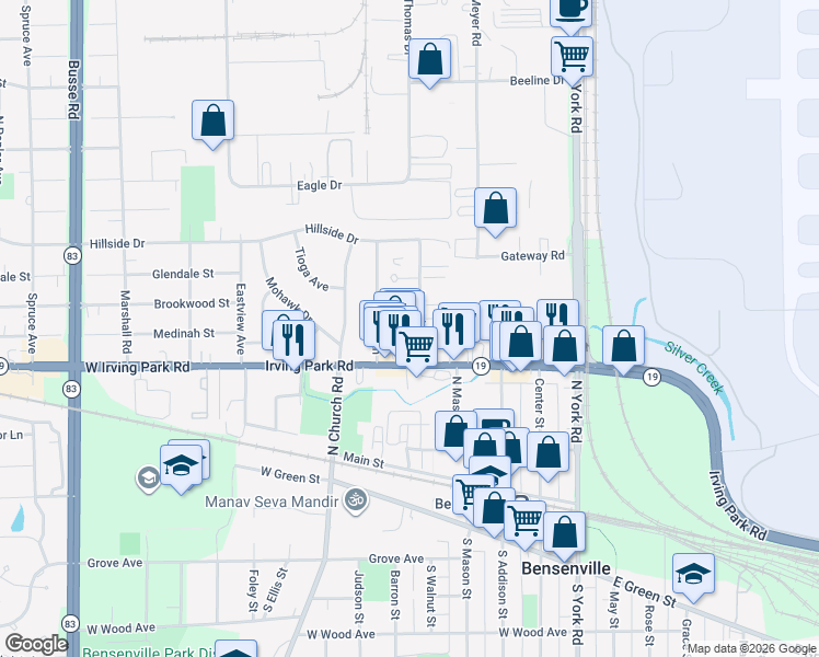 map of restaurants, bars, coffee shops, grocery stores, and more near 222 North Walnut Street in Bensenville