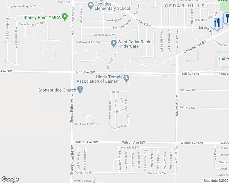 map of restaurants, bars, coffee shops, grocery stores, and more near N Street Southwest in Cedar Rapids