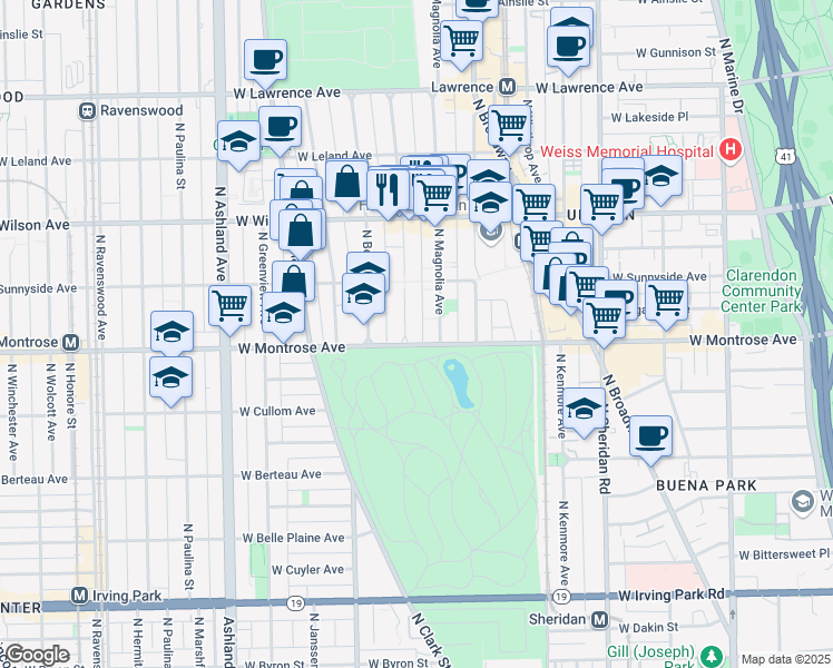 map of restaurants, bars, coffee shops, grocery stores, and more near 4409 North Malden Street in Chicago