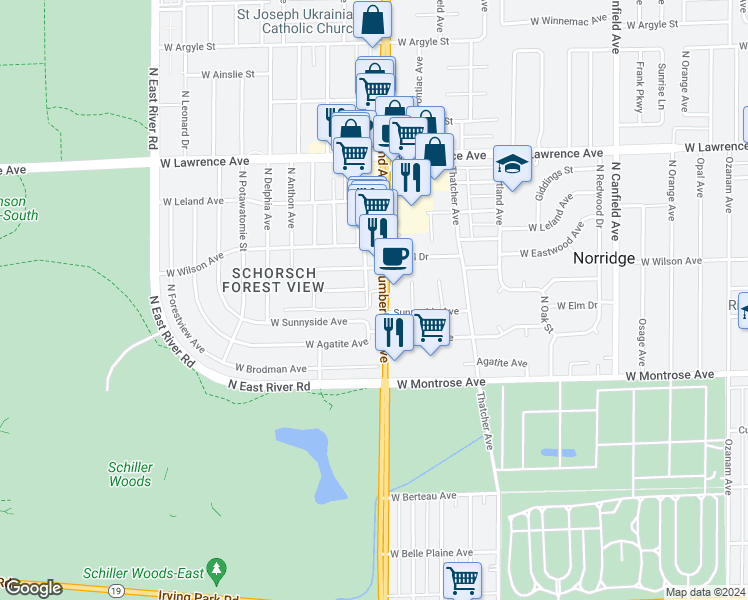map of restaurants, bars, coffee shops, grocery stores, and more near 4534 North Cumberland Avenue in Harwood Heights