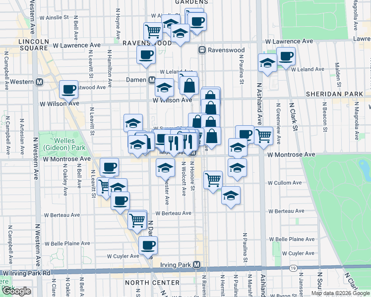 map of restaurants, bars, coffee shops, grocery stores, and more near 4432 North Wolcott Avenue in Chicago