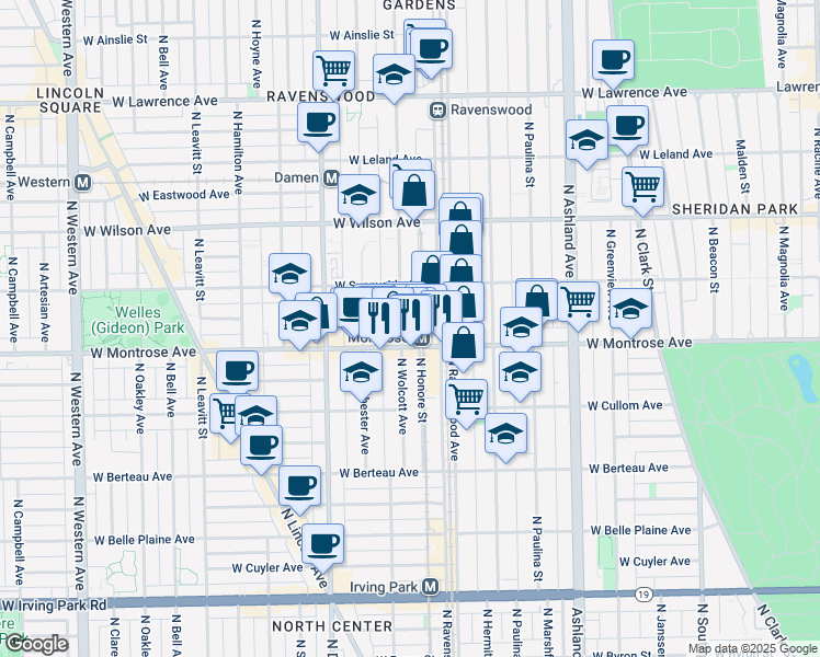 map of restaurants, bars, coffee shops, grocery stores, and more near 4415 North Wolcott Avenue in Chicago