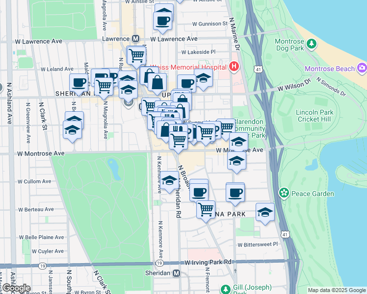 map of restaurants, bars, coffee shops, grocery stores, and more near 941 West Agatite Avenue in Chicago