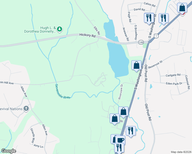 map of restaurants, bars, coffee shops, grocery stores, and more near 39 Oak Knoll Drive in North Attleborough