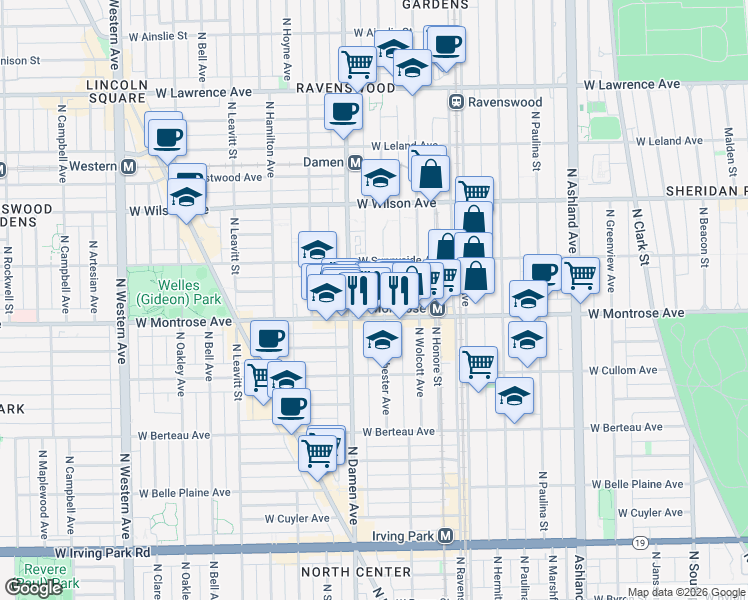 map of restaurants, bars, coffee shops, grocery stores, and more near 4430 North Winchester Avenue in Chicago