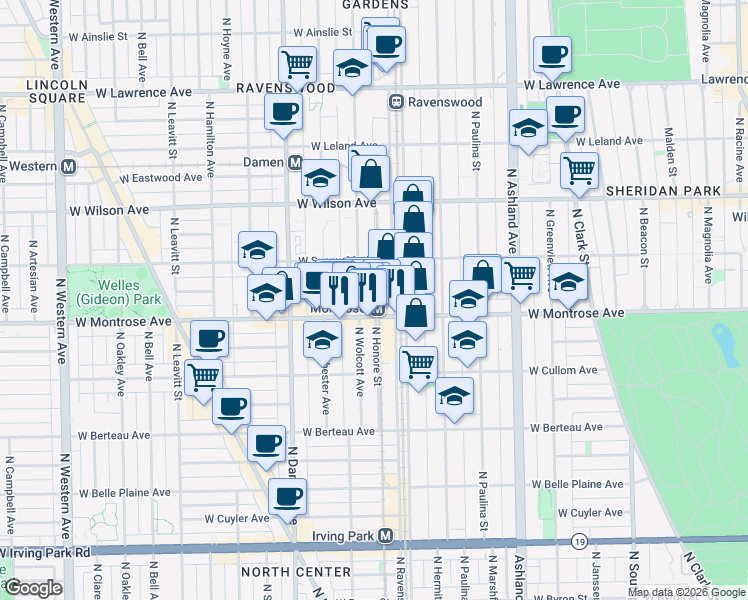 map of restaurants, bars, coffee shops, grocery stores, and more near 4415 North Wolcott Avenue in Chicago