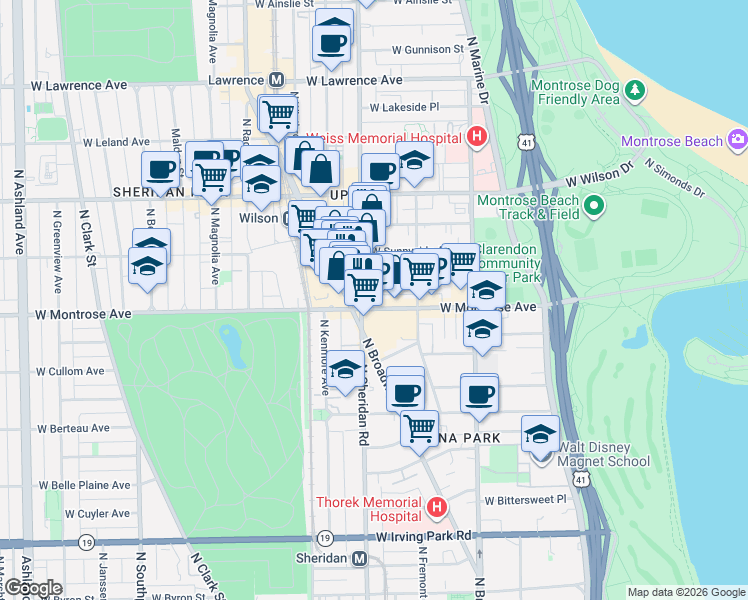 map of restaurants, bars, coffee shops, grocery stores, and more near 944 West Montrose Avenue in Chicago